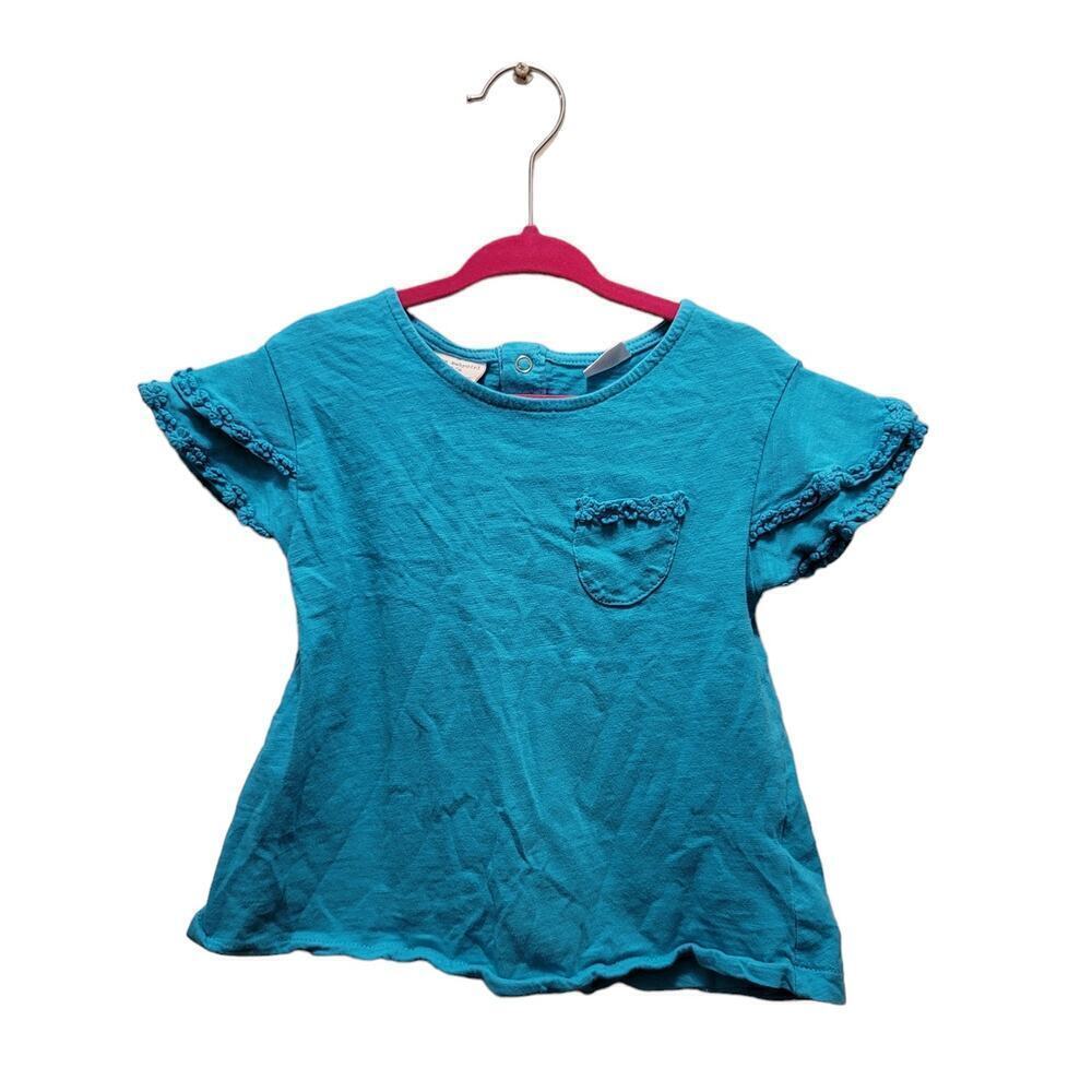 Zara Baby Girl Cap Sleeve Pocket Tee with Embroidered Detail Aqua Blue Size 3/4